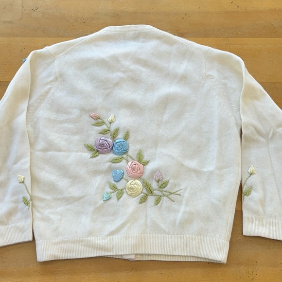 Original 50s Vintage Angora Lambswool Cardigan Sweater Large Flower Embellished - Picture 3 of 11